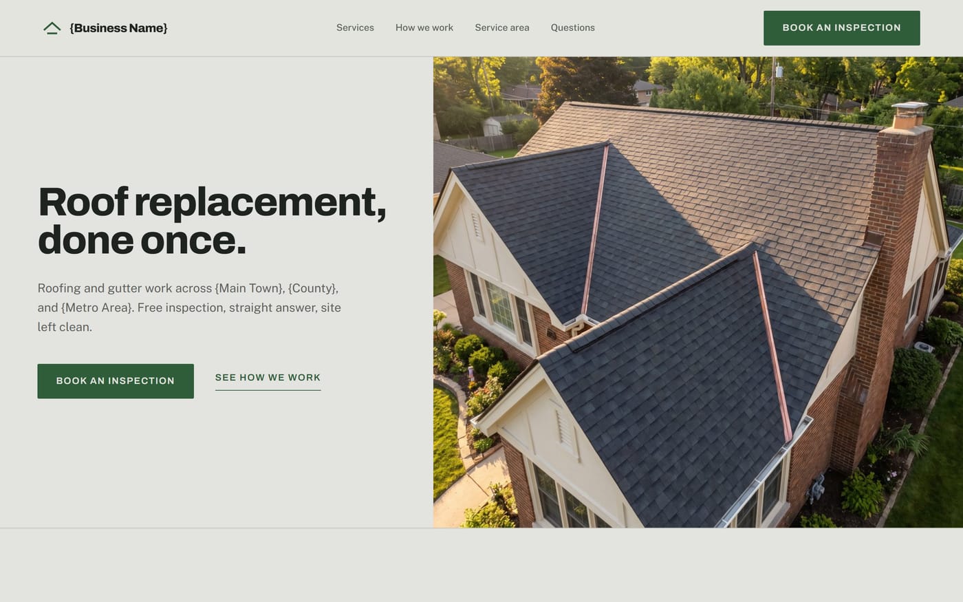 Homepage of a roofing contractor site, direction two, an editorial layout with a pale sage ground and a forest green accent