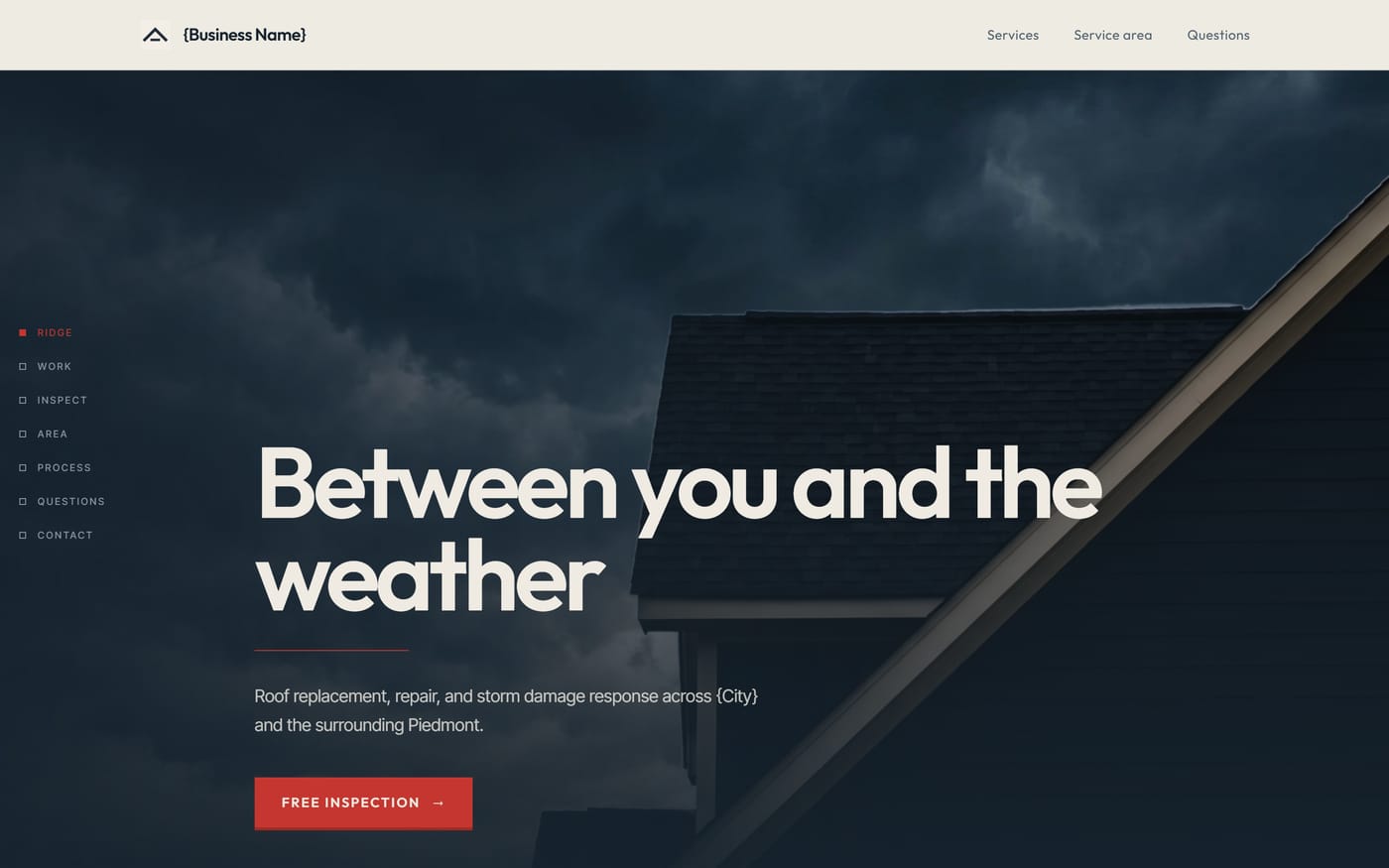 Homepage of a roofing contractor site, direction one, showing an aerial photograph of a shingle roof