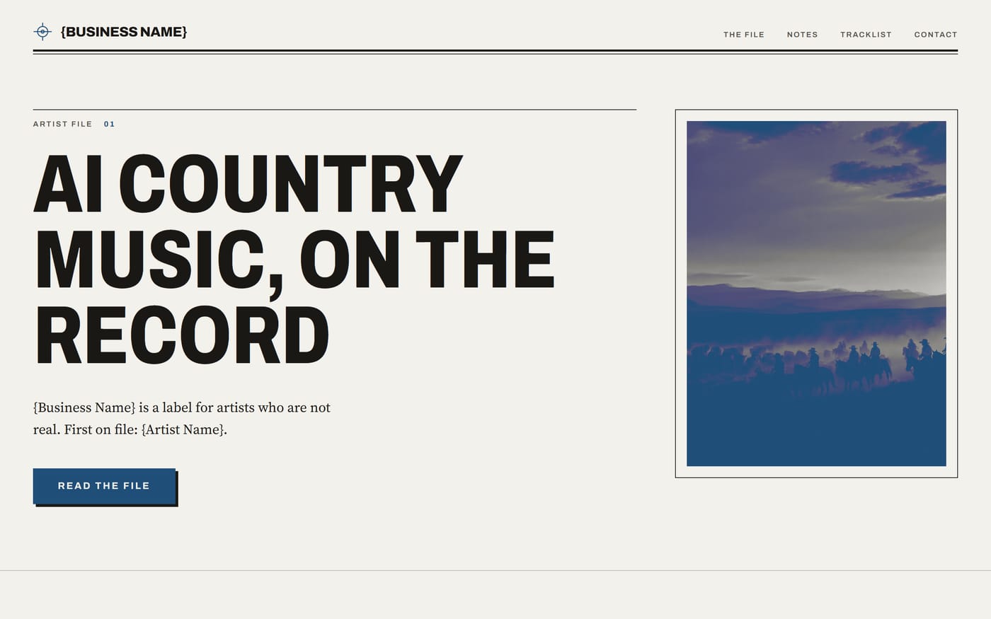 Homepage of a record label site, direction two, a print styled page with a cream ground and a navy accent