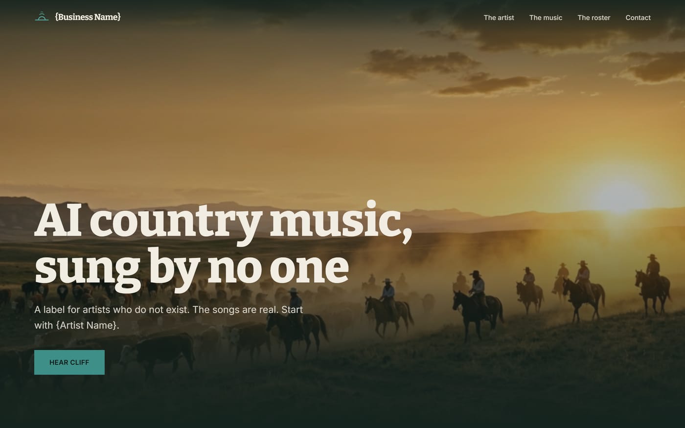 Homepage of a record label site, direction one, a dark page with golden hour photography
