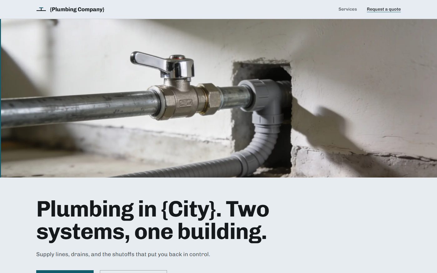 Homepage of a plumbing site, a pale blue grey page with a deep teal accent, showing a lever shutoff valve on a supply line where it passes through a wall